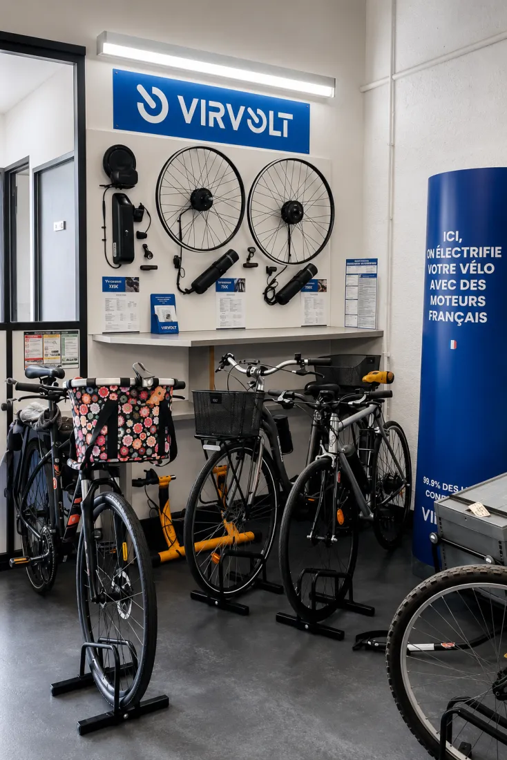 Espace Virvolt dans le showroom DSF Services, vélos exposés sous le kakémono Virvolt