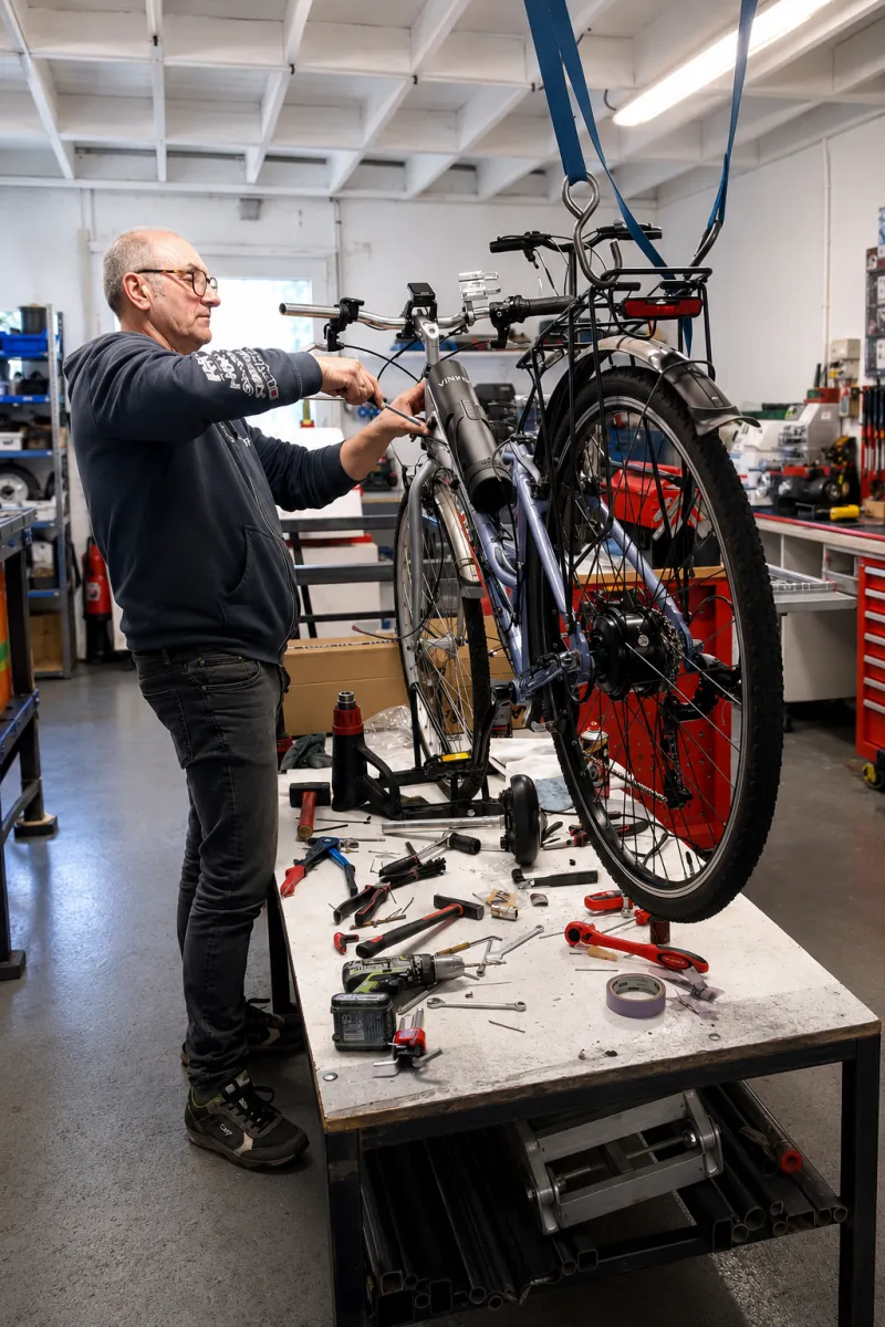 Frédéric à l'établi de l'atelier DSF Services, vélos sur pieds de réparation en arrière-plan