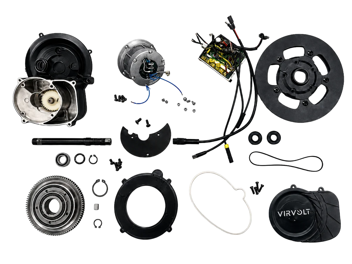 Vue éclatée du moteur Virvolt 900 démonté, entièrement réparable pièce par pièce